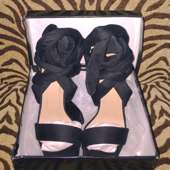 TRIA BLACK FAUX SUEDE WRAP PLATFORM SANDALS - Picture 8 of 8